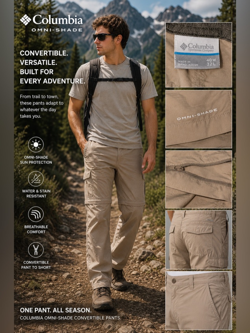 Columbia Omni Shade Convertible‎ Pants to Shorts Men Beige Sun Protection